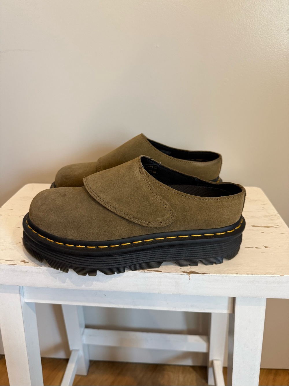 Dr. Martens Zebzag Suede Mule- Olive Green Platforms - Picture 3 of 6